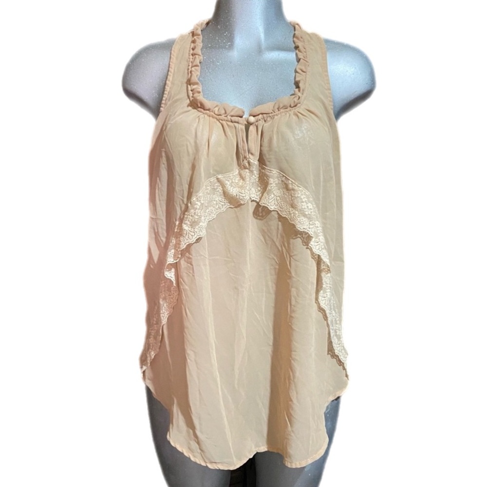 Lily White Shabby-Chic Tan Sleeveless Top Cami Lace Ruffle Bohemian Lrg Ethereal